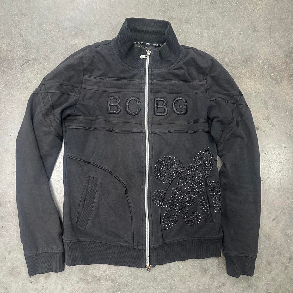 BCBGMAXAZRIA Y2K Black Embossed Rhinestone Zip Up Jacket Size Sm